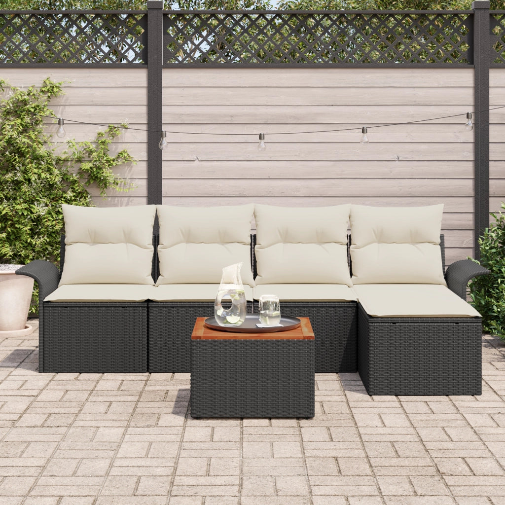 Set divano da giardino 6 pezzi con cuscini in polyrattan nero e acacia