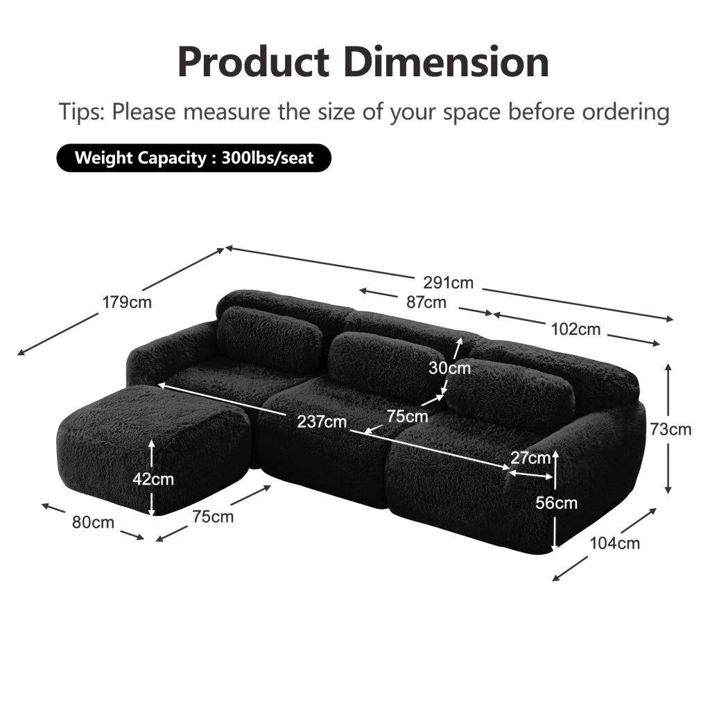 OKWISH Divano Angolare Modulare, Design senza Struttura con Seduta Profonda, Pouf Collegabile e Cuscini, Peluche, Nero