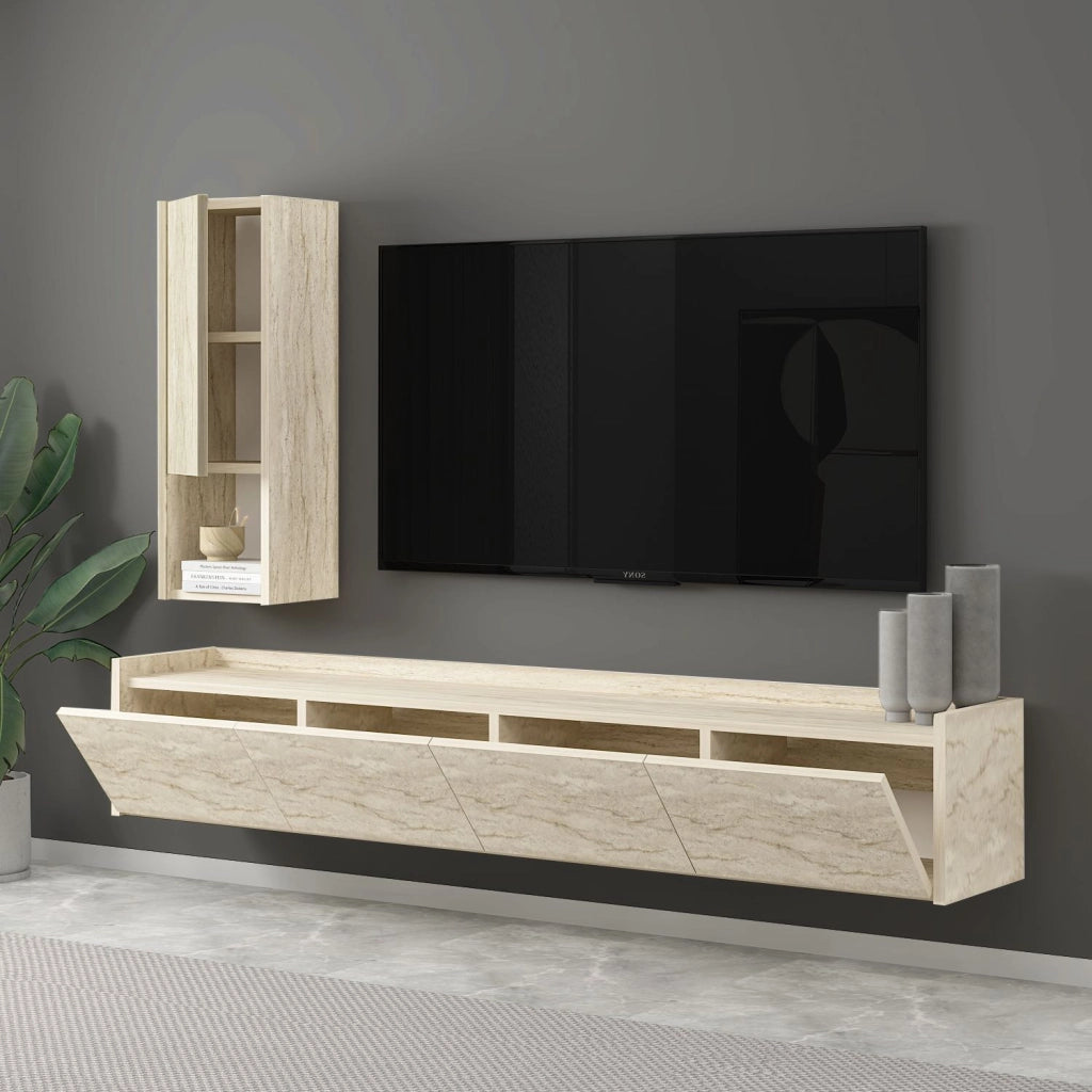 Porta TV in legno "Sema" con mensola a muro - 160 x 30 x 35 cm - Travertino