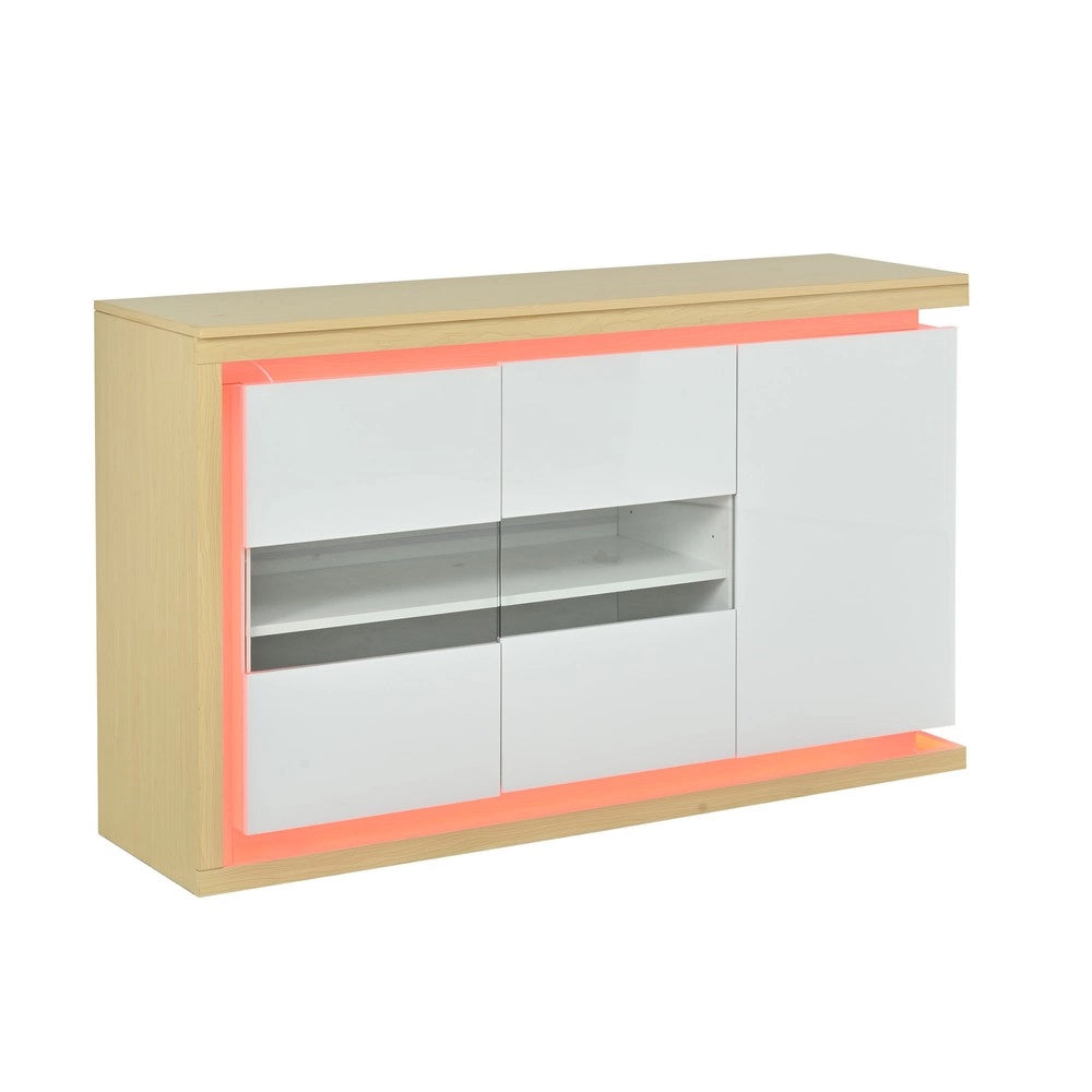 Credenza con LED ¨C MINIMAL ¨C Bianca, Ante in Vetro Temperato, Ripiani, 140x40x84