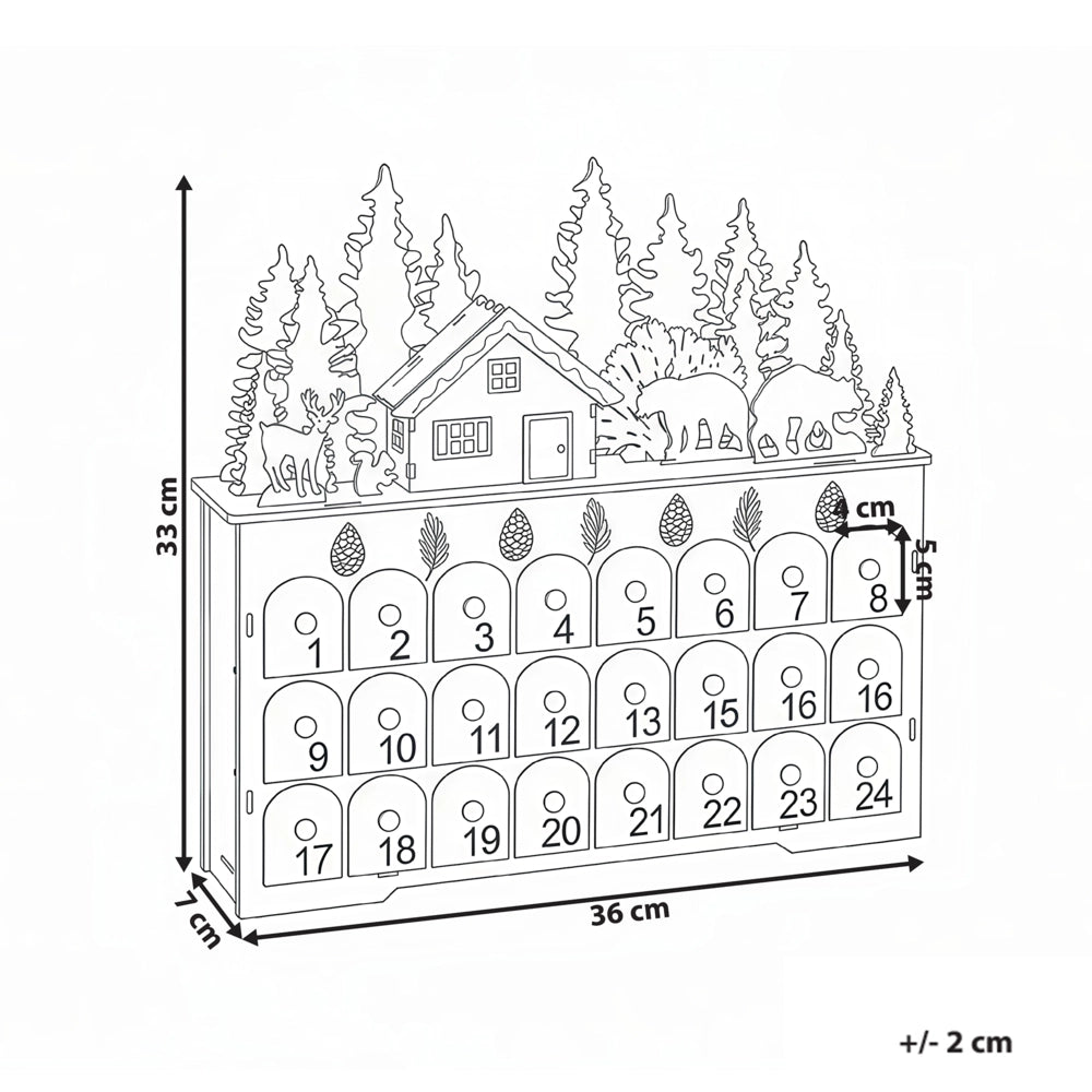 Decorazione natalizia in legno marrone chiaro illuminata con luci LED Calendario dell'Avvento a batteria Scenario natalizio