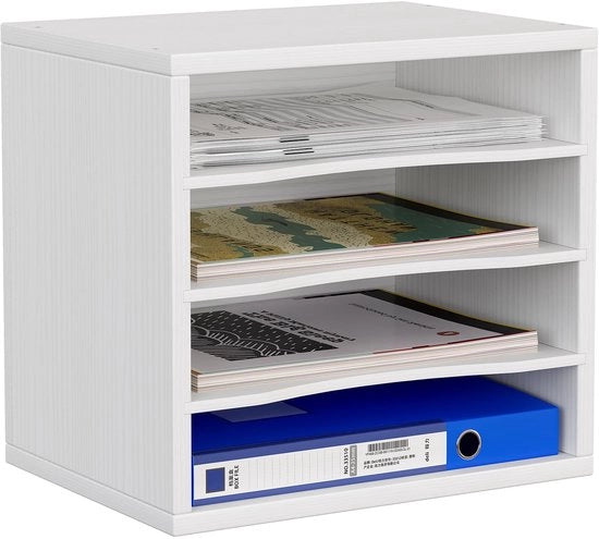Organizzatore A4 per ufficio in legno 4 cassetti, contenitore per documenti, archivio per riviste, cassetto per lettere, organizzatore per cartacei, bianco