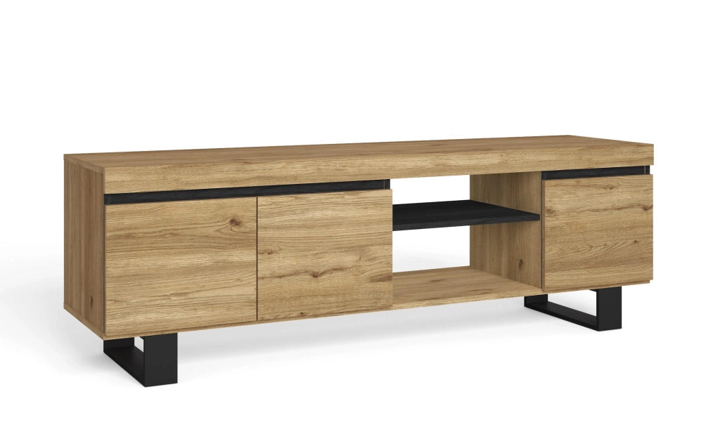 Mobile TV 160x40x53cm da soggiorno con 2 ante e 2 alloggi colore Rovere e Nero modello Naturale RF984