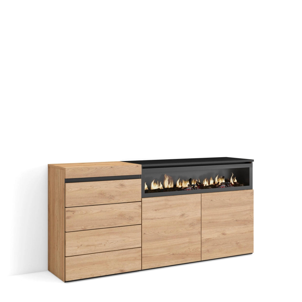 Cassettiera, 157x35x75cm, Camera da letto, Camino elettrico, colore Rovere RF3434
