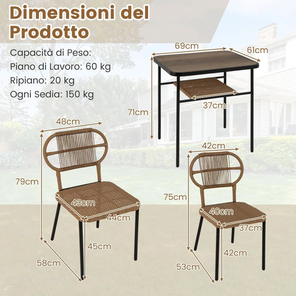 Salottino da Esterno in Rattan e Metallo, Set da Giardino con 2 Sedie Impilabili e Tavolo con Ripiano, Set di Conversazione per Patio e Pranzo