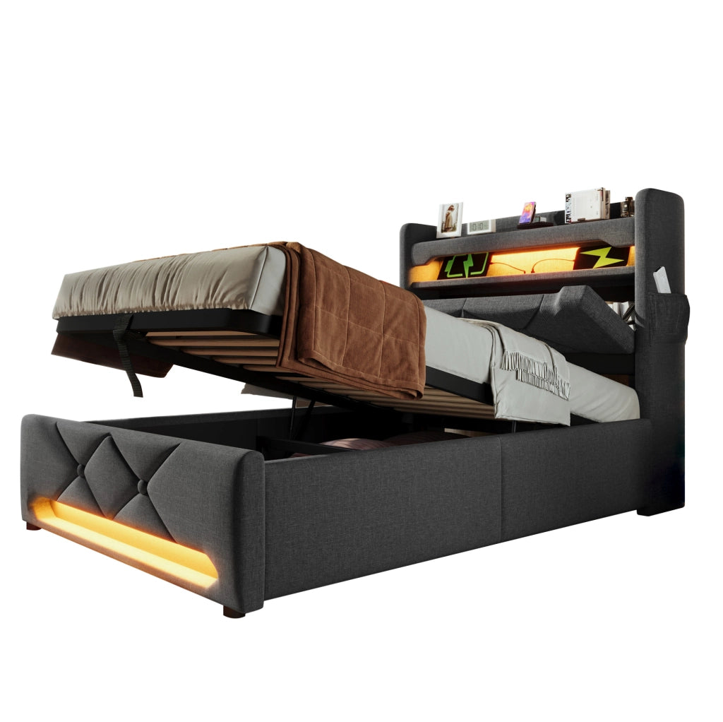 Letto singolo 90x200 cm con contenitore idraulico; LED 360掳; testiera con USB e Type-C; lino grigio