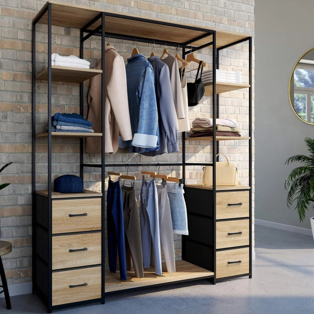 Armadio doppio UTAH + colonna doppia L. 140 cm con 6 ripiani e 6 cestini in legno e tessuto nero