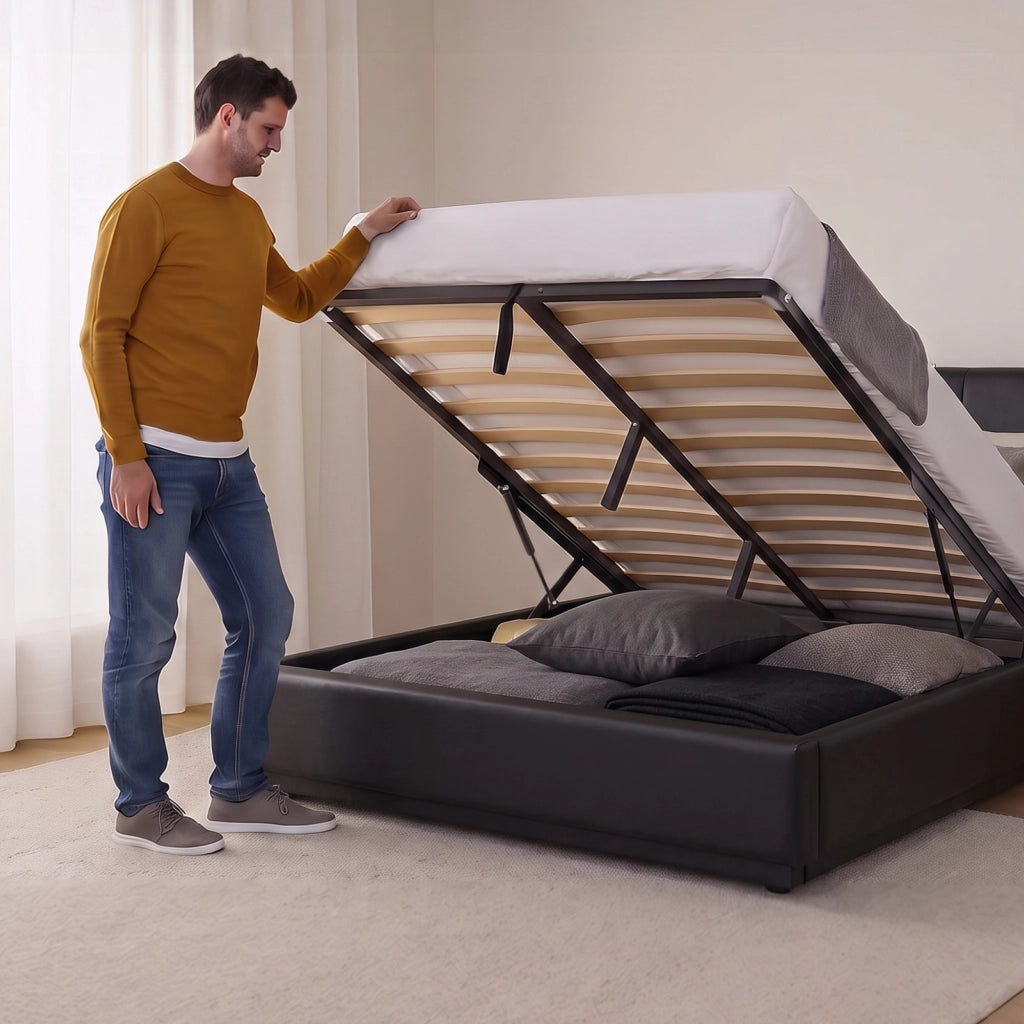 Letto Francese Contenitore Tröstiar con Apertura a Ribalta e Luce LED 140x200 cm - Similpelle Nero [en.casa]