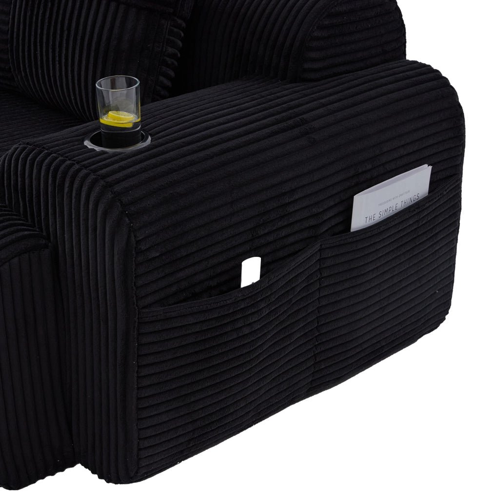 Divano modulare a 2 posti in tessuto corduroy nero; con portabicchiere e tasca laterale; 200 cm