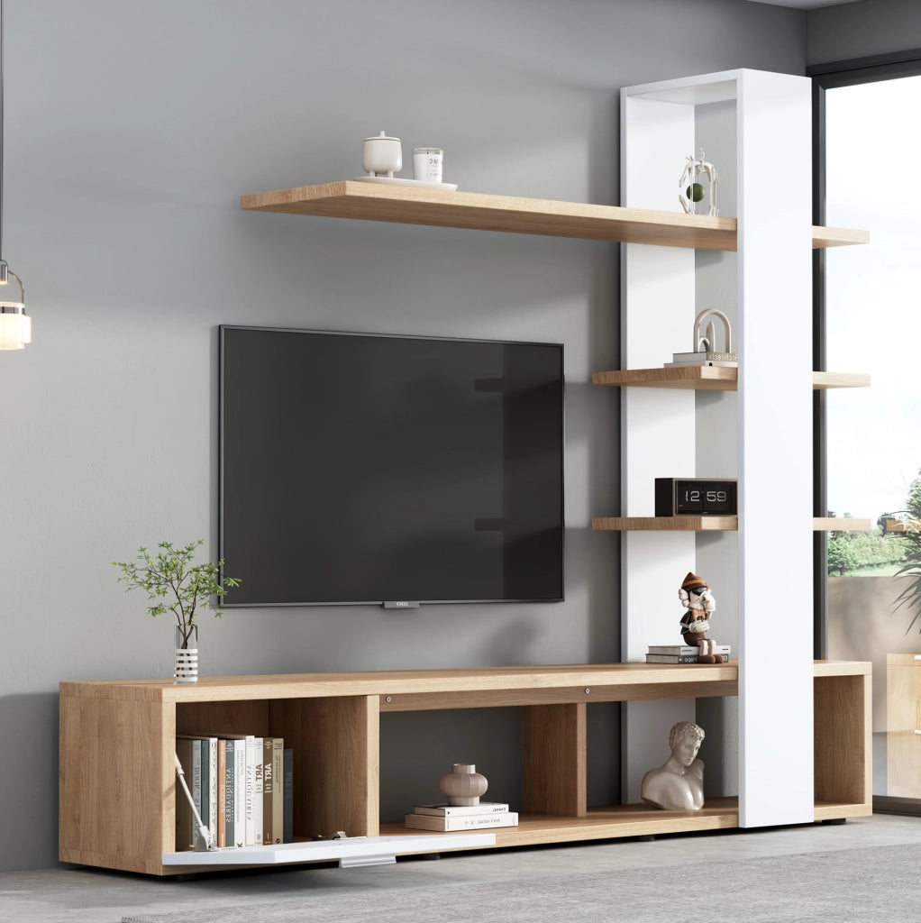 Mobile TV a parete 180 x 33,5 x 151,5 cm bianco e legno con ripiani e anta