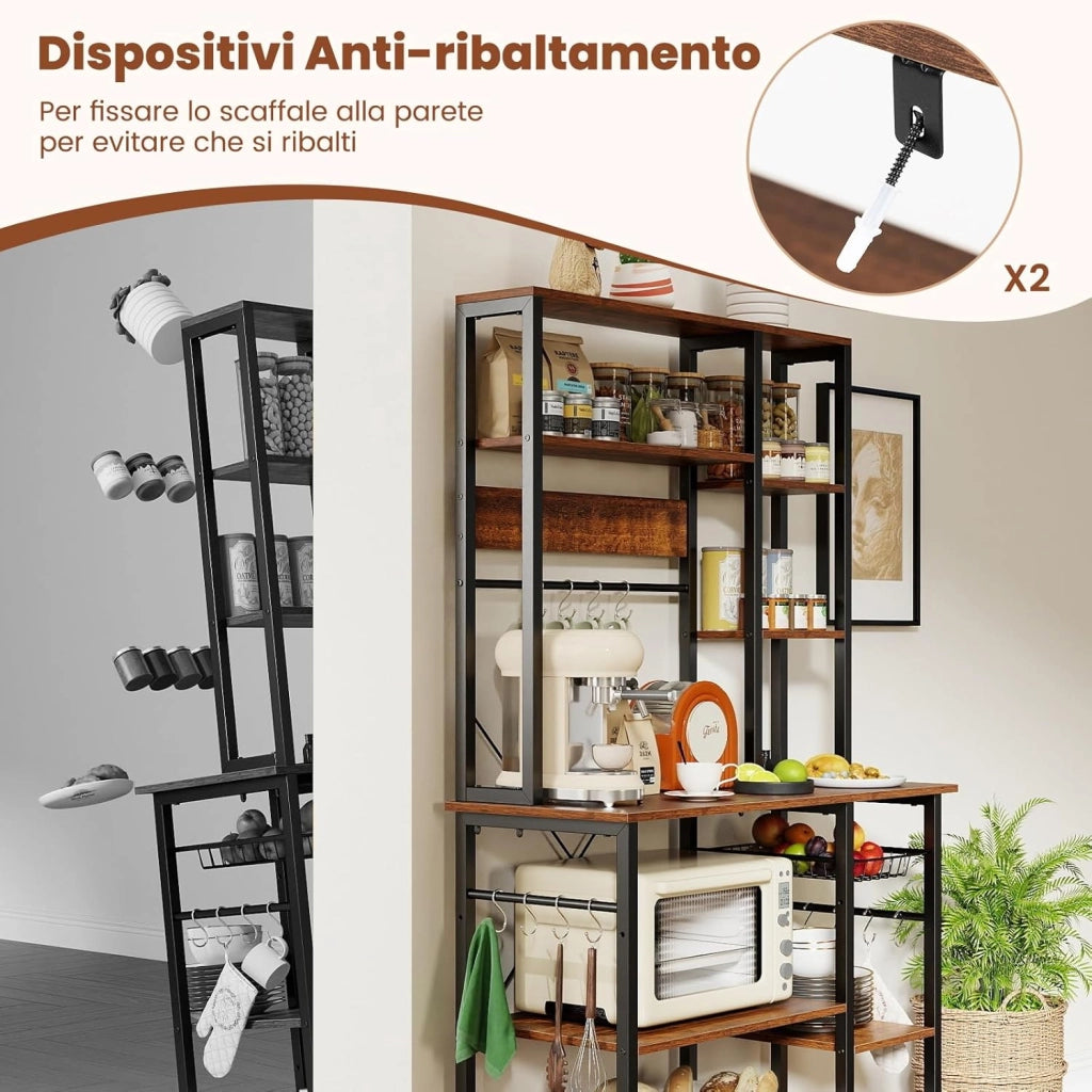 Scaffale da Cucina Salvaspazio, Scaffale a 6 Ripiani per Microonde con Stazione di Ricarica, Ganci a S e Cestino a Rete, Mobile da Cucina per Elettrodomestici, Pentole e Spezie