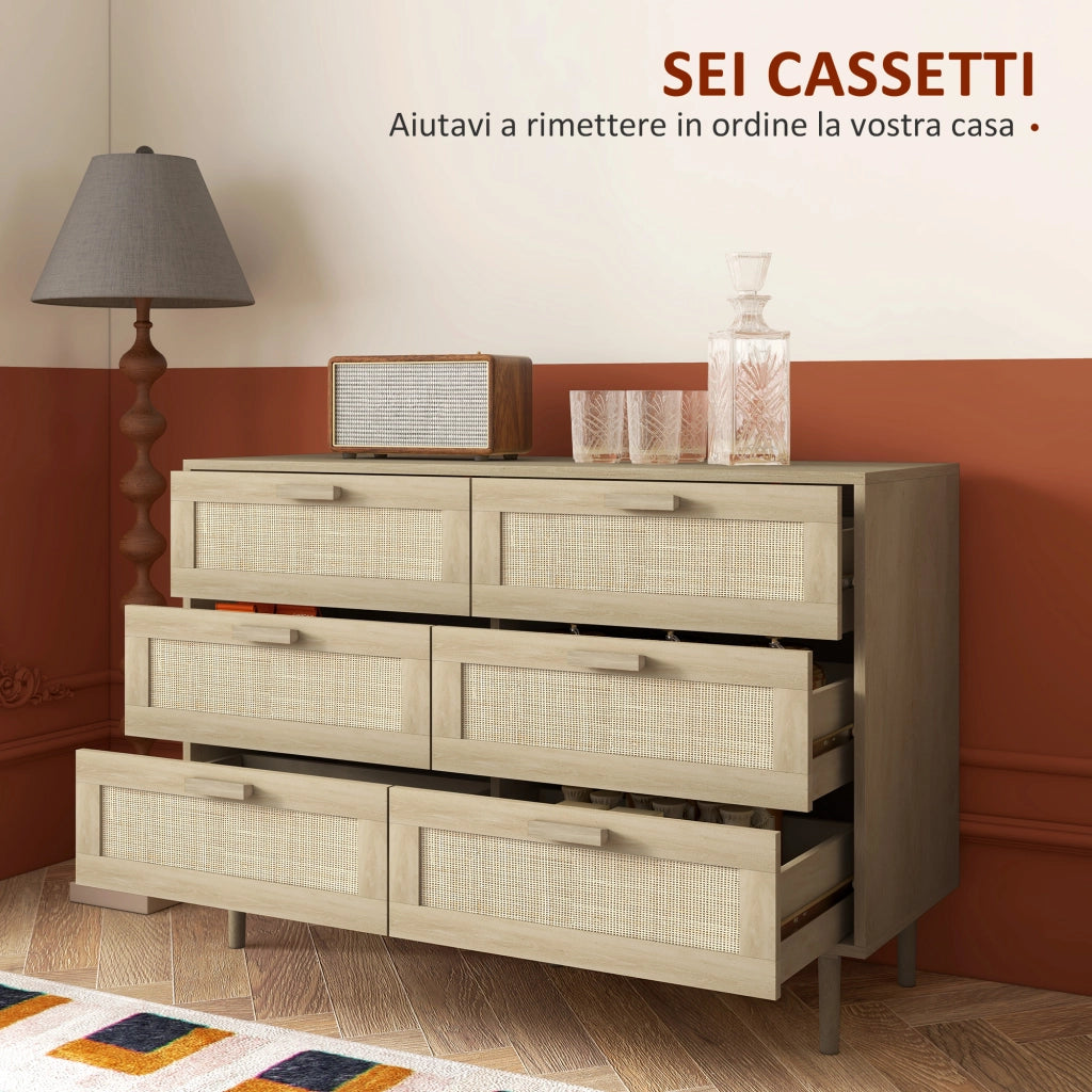 Cassettiera 6 Cassetti in Legno e Rattan ¨C zephmum ¨C 110x40x75 cm