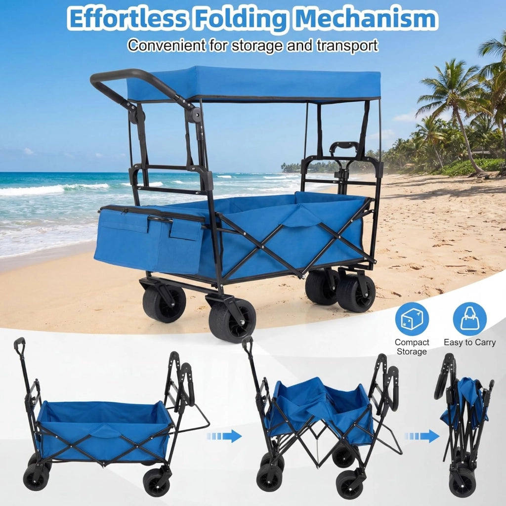Carrello Spiaggia Pieghevole con Tetto, Carrello da Trasporto con Ruote Grandi e Borsa Portatutto, Carrello da Campeggio e Giardino, in Acciao Resistente, Chiusura Rapida, 100 KG, 100L (Blu)
