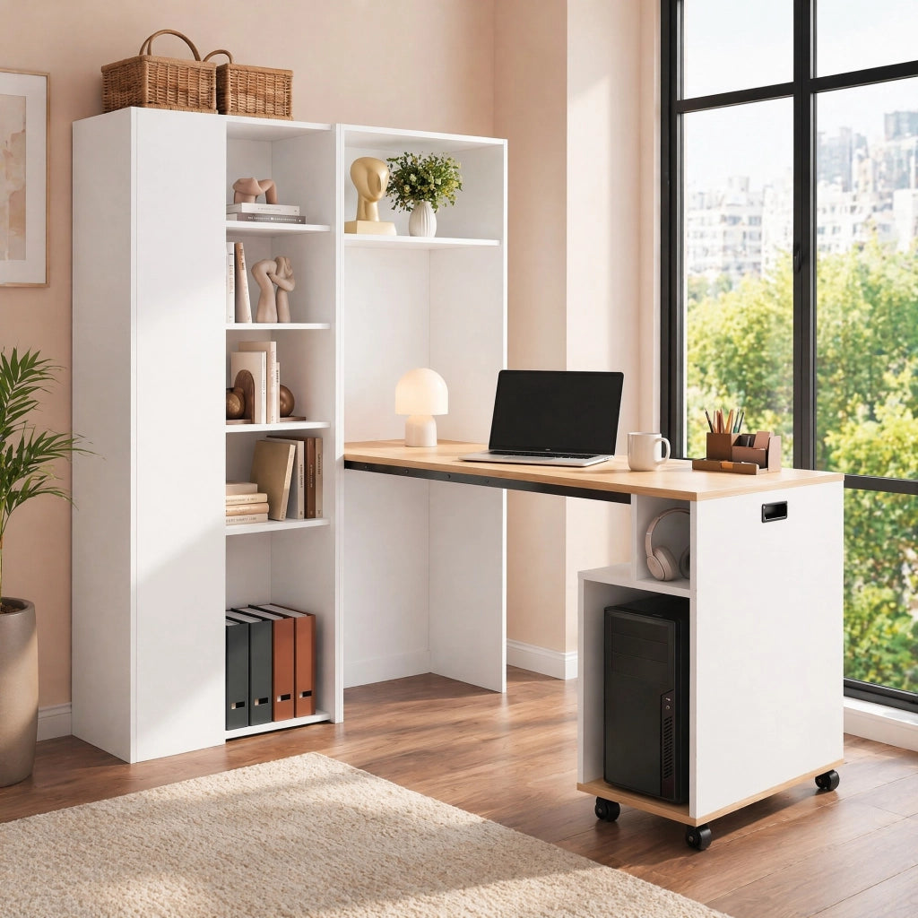 SCRIVANIA pieghevole 104,5x30,5x160 cm bianco MDF con libreria, presa EU e USB