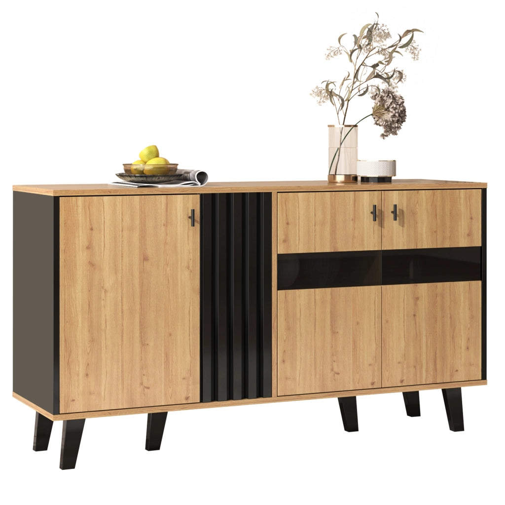 Sideboard 140x78,5x41 cm in legno e nero con ante, LED e ripiani interni