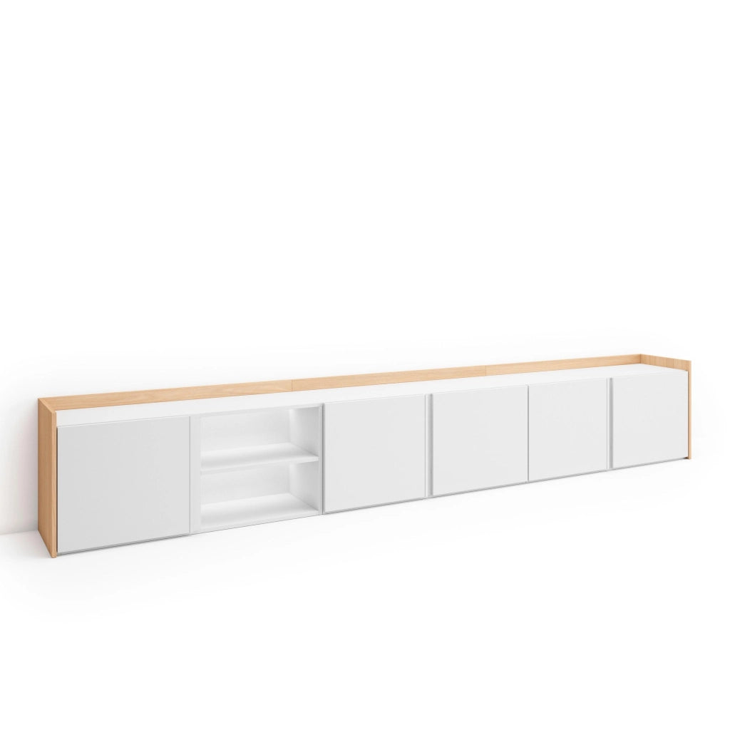 Mobile TV Soggiorno, 309x50x35 cm, Per TV fino a 80", LED, Bianco e Rovere soft