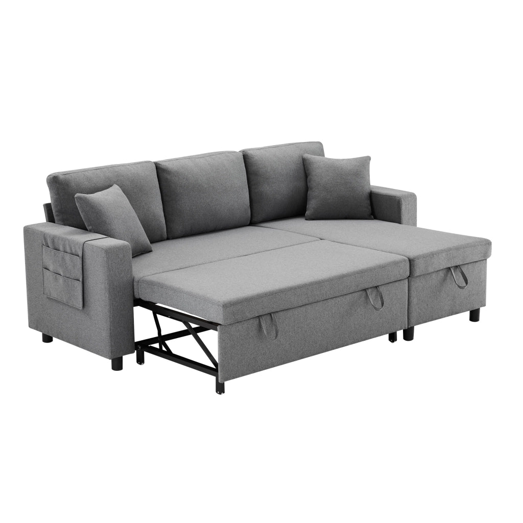 Sofa letto angolare multifunzione con contenitore, chaise longue reversibile, 2 cuscini, grigio scuro