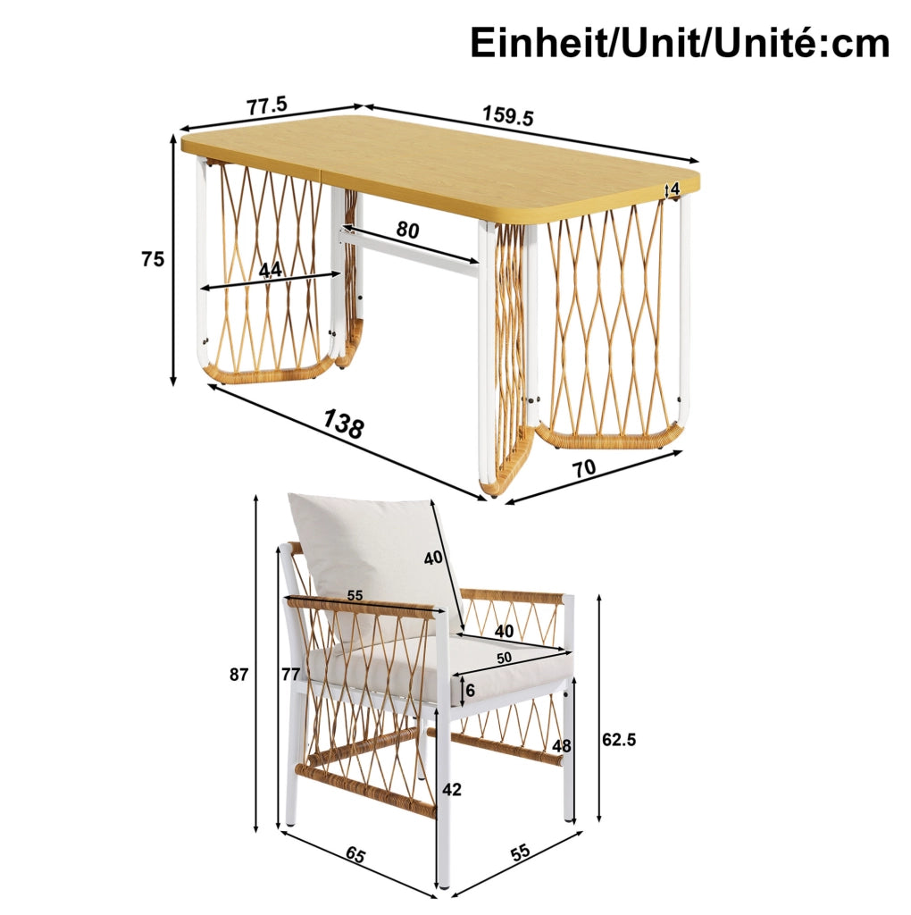 Set da pranzo da giardino 1 tavolo e 6 sedie; struttura in ferro; beige e marrone naturale