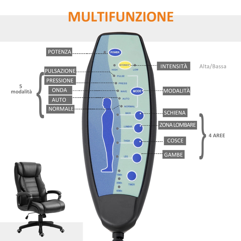 EasyComfort Poltrona Massaggiante da Ufficio a 6 Punti con Altezza Regolabile, in Similpelle Nera, 66x78x112-120 cm