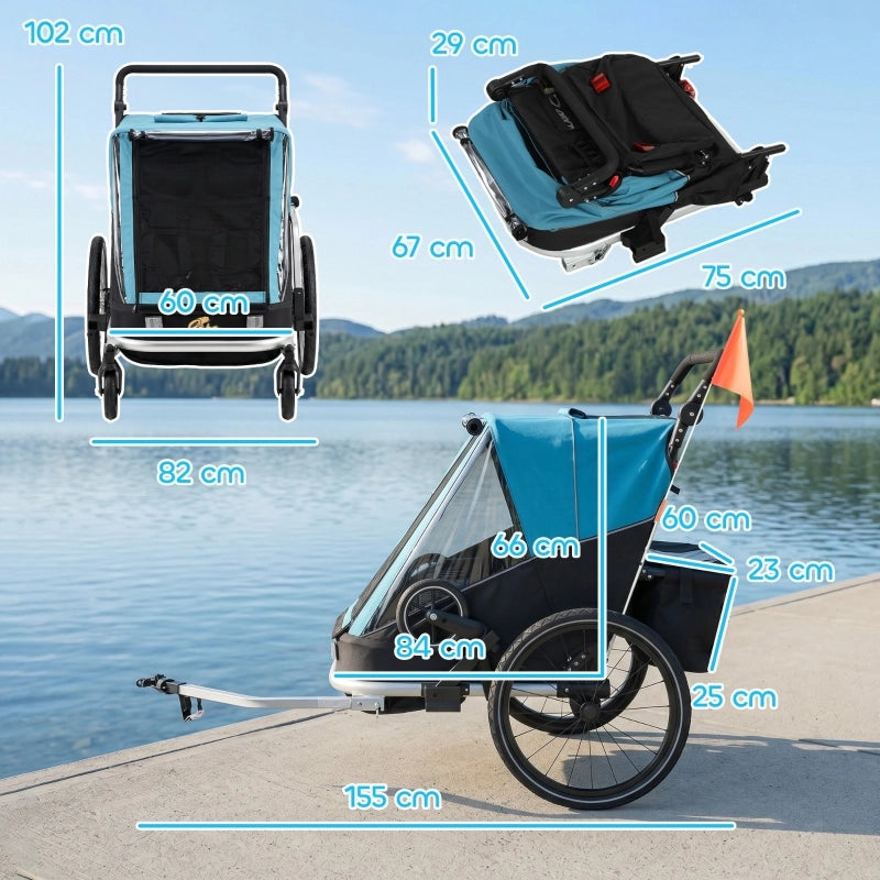 RIMORCHIO BICI PER BAMBINI 2 POSTI 2-in-1 PIEGHEVOLE BLU ALLUMINIO