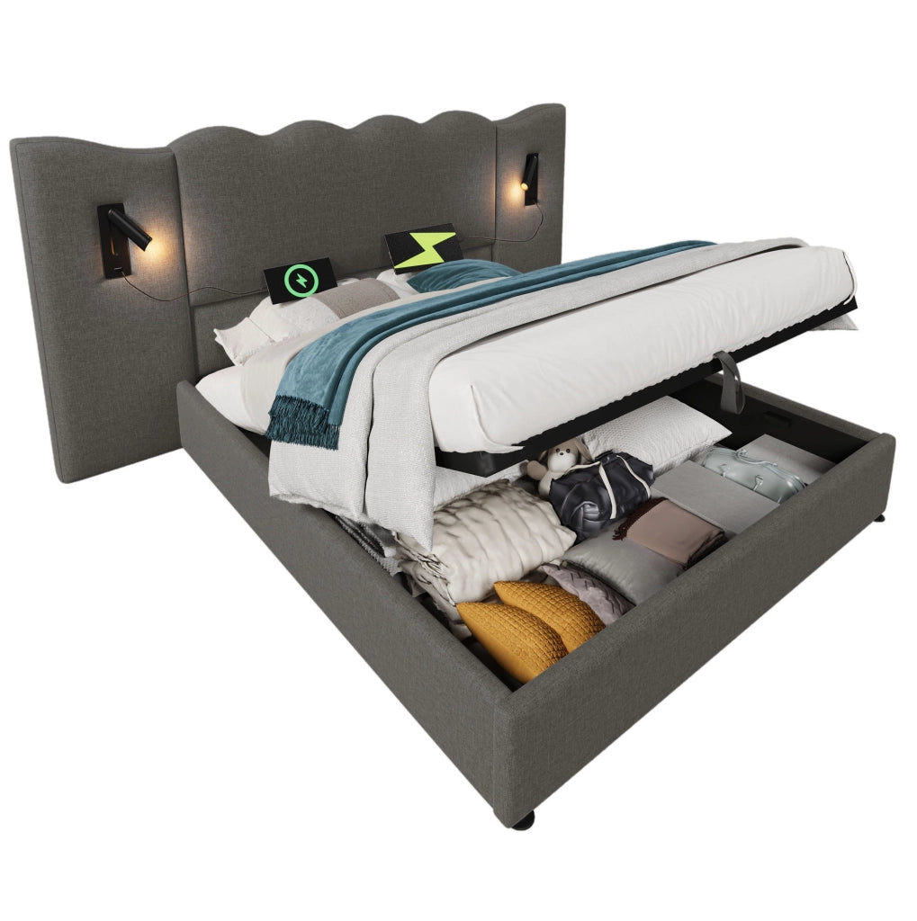 Letto matrimoniale 160x200 cm in lino grigio con lampada da lettura; ricarica USB e contenitore
