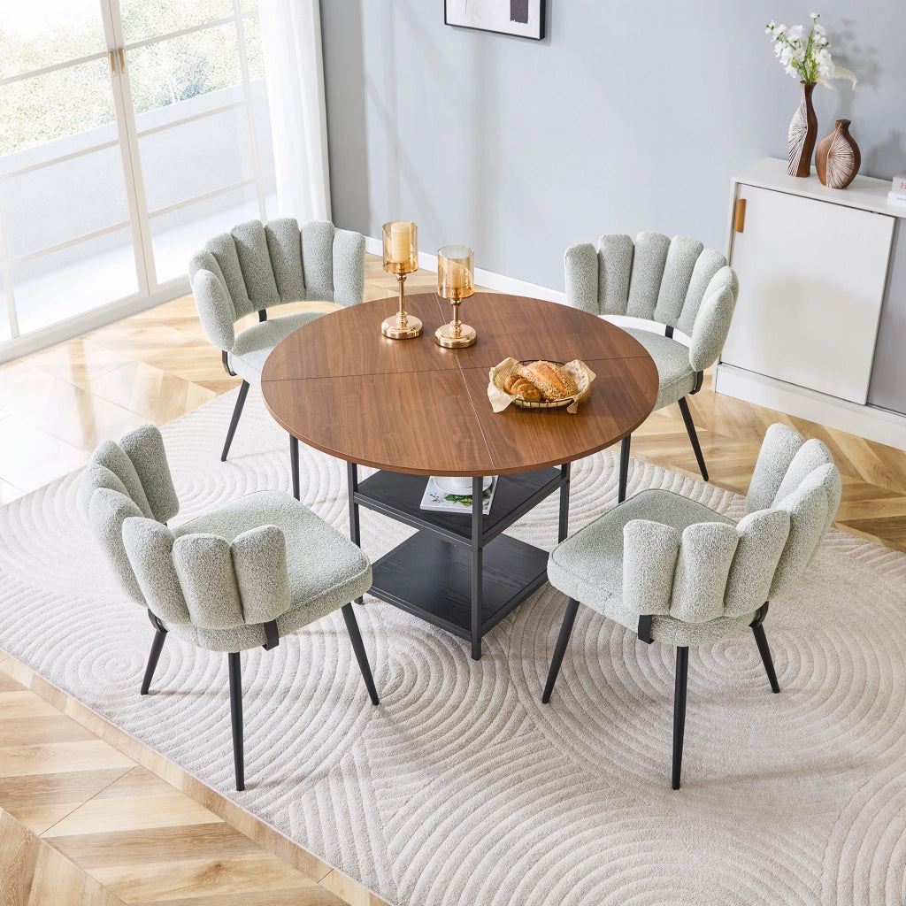 Set tavolo e sedie con 1 tavolo rotondo; 4 sedie e doppio ripiano in MDF e metallo nero; beige chiaro e noce