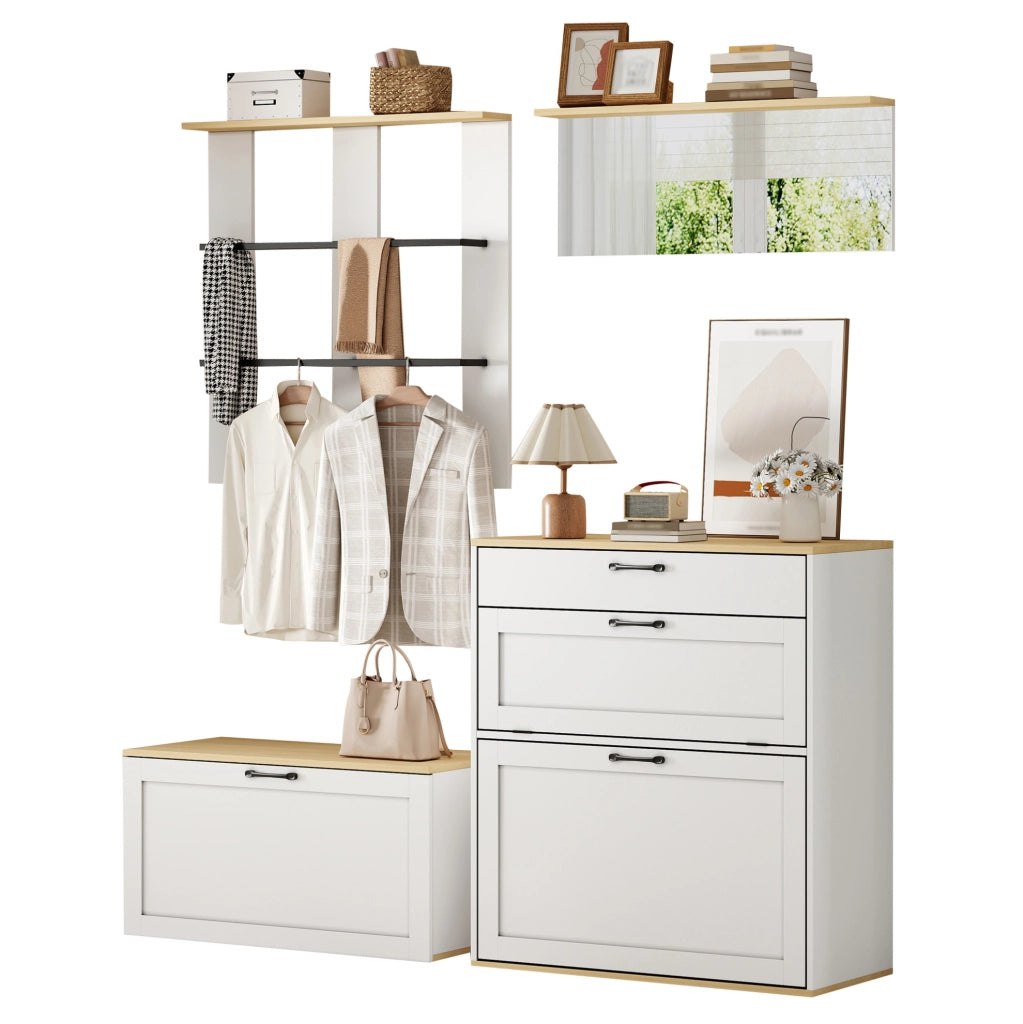 Set guardaroba 156x36x176 cm multifunzione con scarpiera pieghevole; MDF e truciolare; bianco e naturale