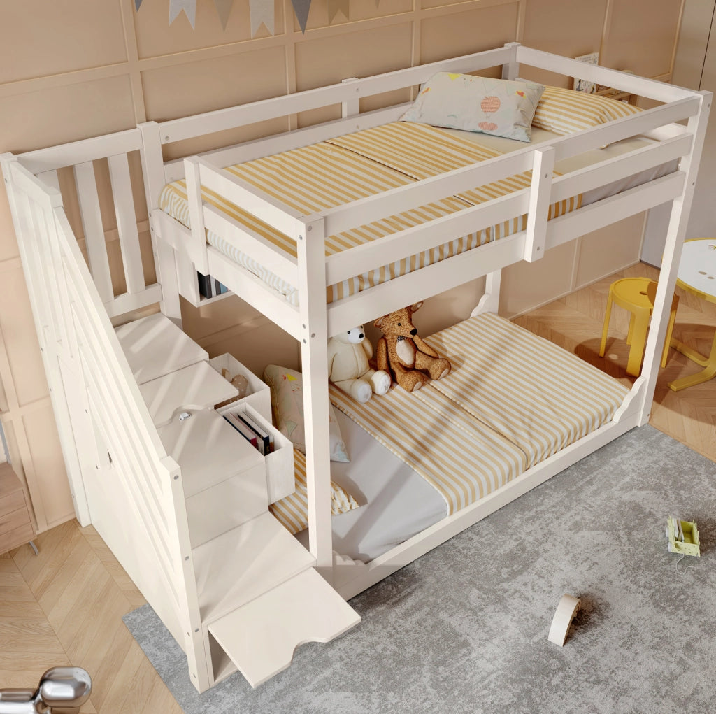 Letto a castello per bambini 90x200 cm bianco con scala contenitore e ripiani integrati