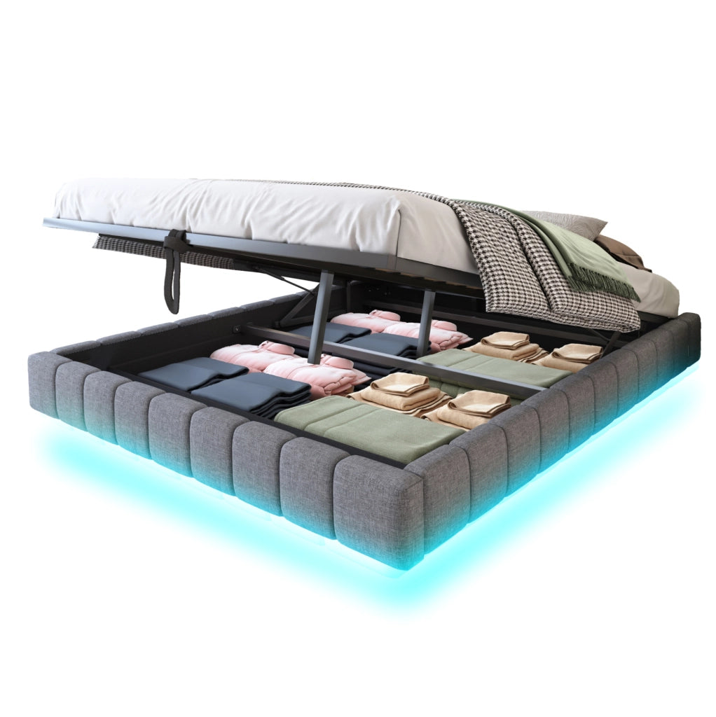 Letto matrimoniale imbottito 160x200 cm con contenitore; luci LED; grigio