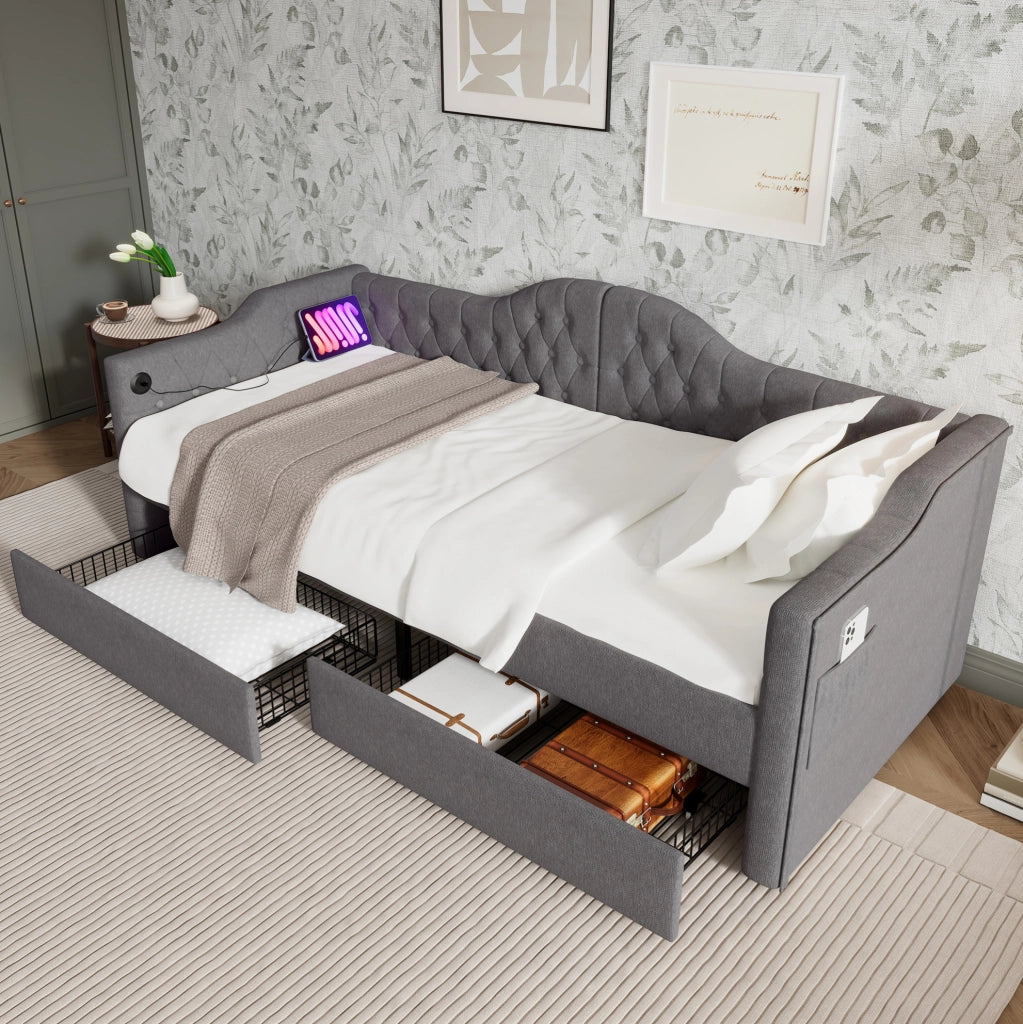 Letto da giorno 90x200 cm con USB C; USB e 2 cassetti; tessuto grigio