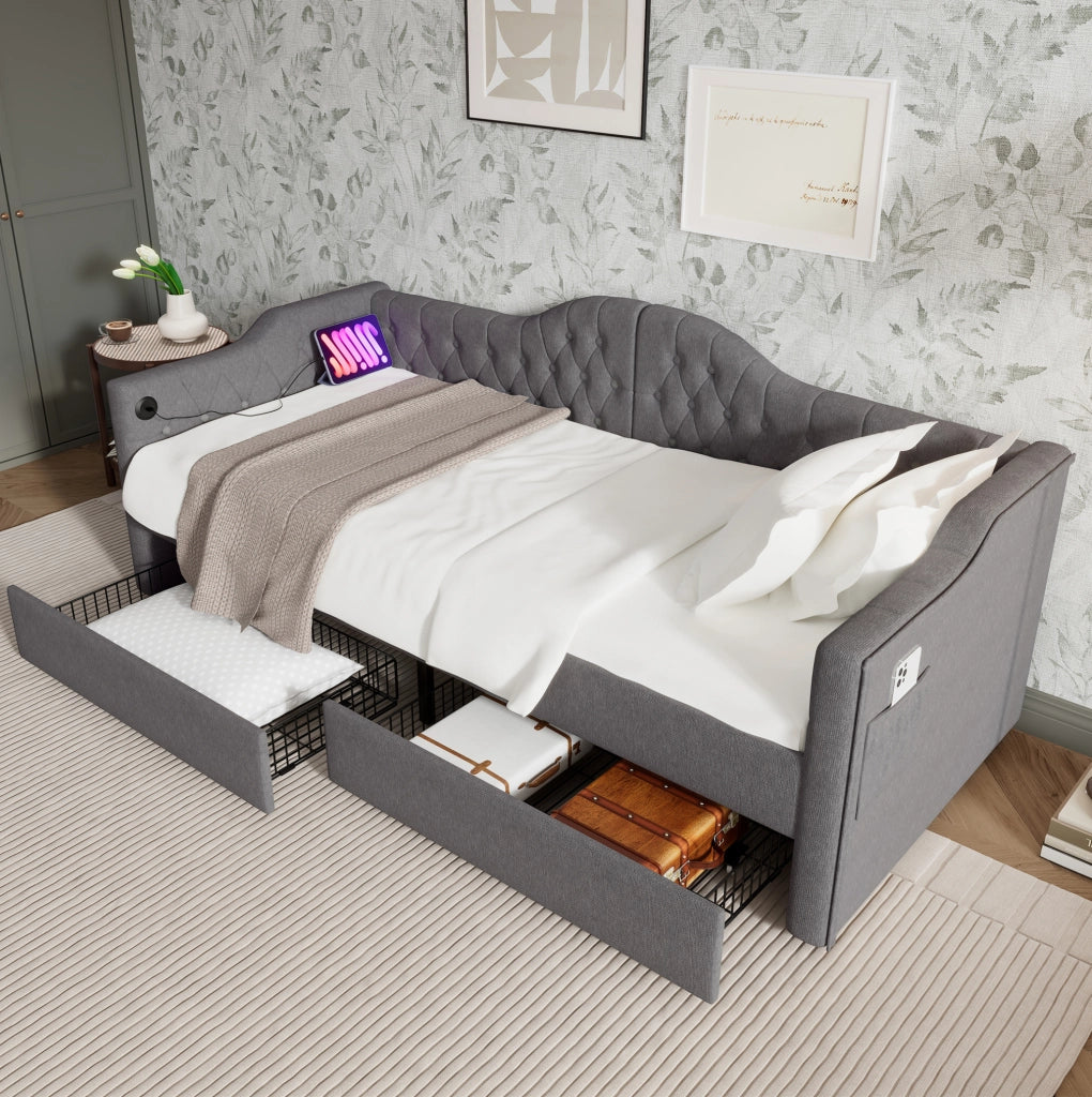Letto da giorno 90x200 cm con USB C; USB e 2 cassetti; tessuto grigio