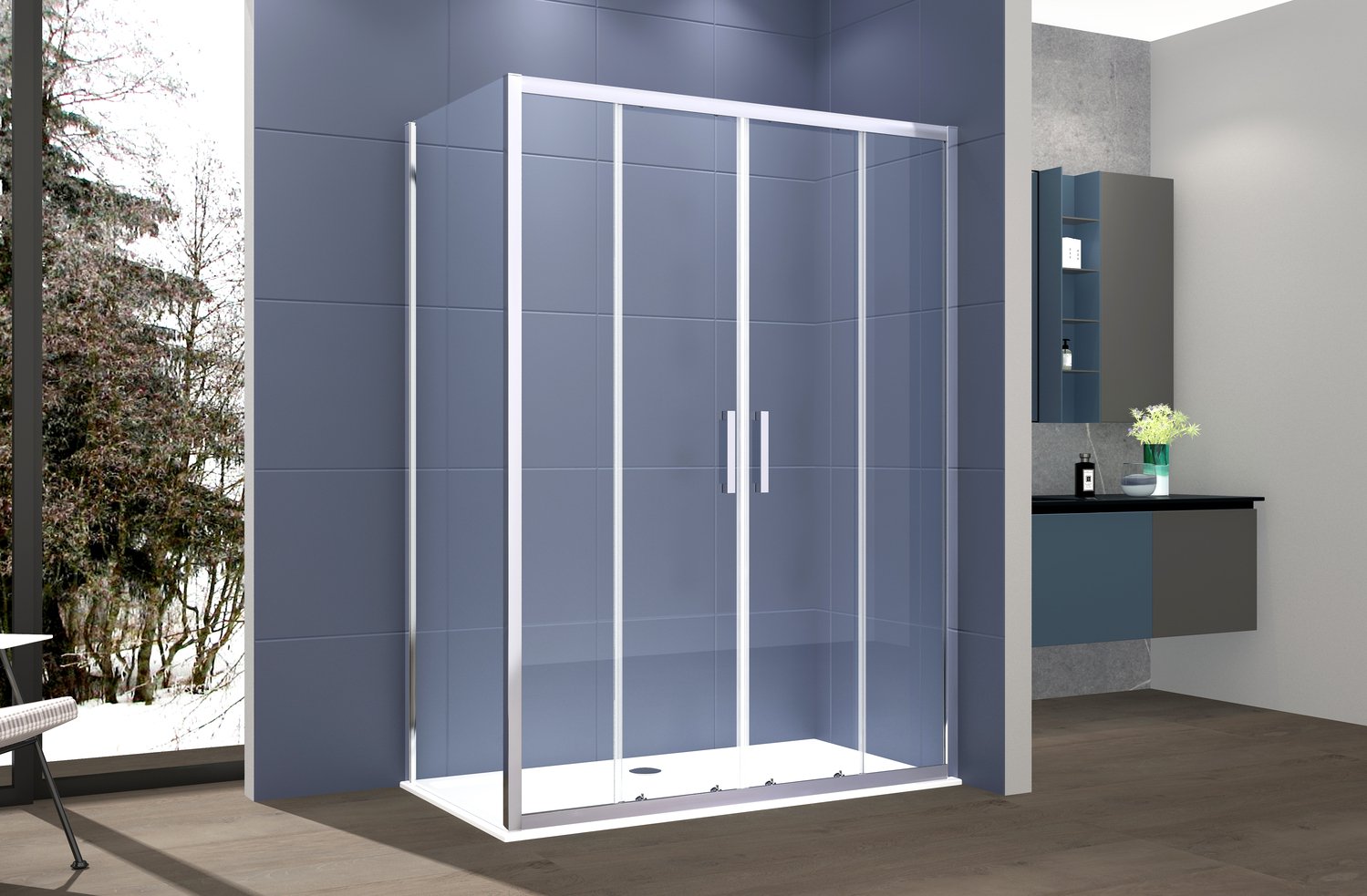 Box Doccia 2 lati 80x190 cm fisso + porta scorrevole apertura centrale H195 cm GAIA Cromato