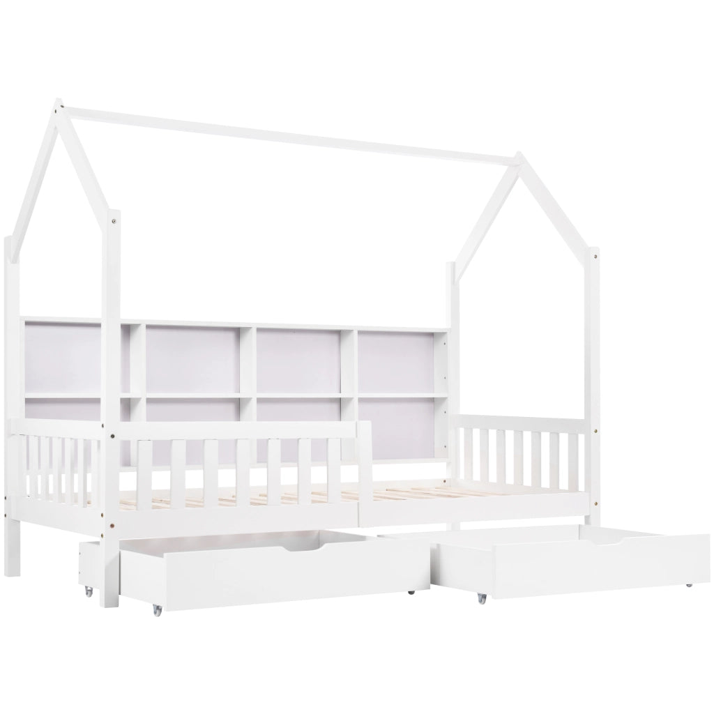 OKWISH Letto a Casetta 90×200 cm, Letto Singolo con Mensole e 2 Cassetti, Sponda, senza Materasso, in Legno Massello, Bianco