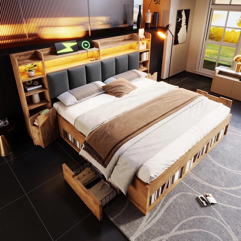 Letto Matrimoniale 160x200 - Zephmum - Testiera imbottita con LED, comodini con USB/Type-C, contenitore