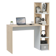 Scrivania Abba, Scrittoio lineare con libreria, Tavolo ufficio multiuso salvaspazio, 110x52h136 cm, Bianco e Rovere