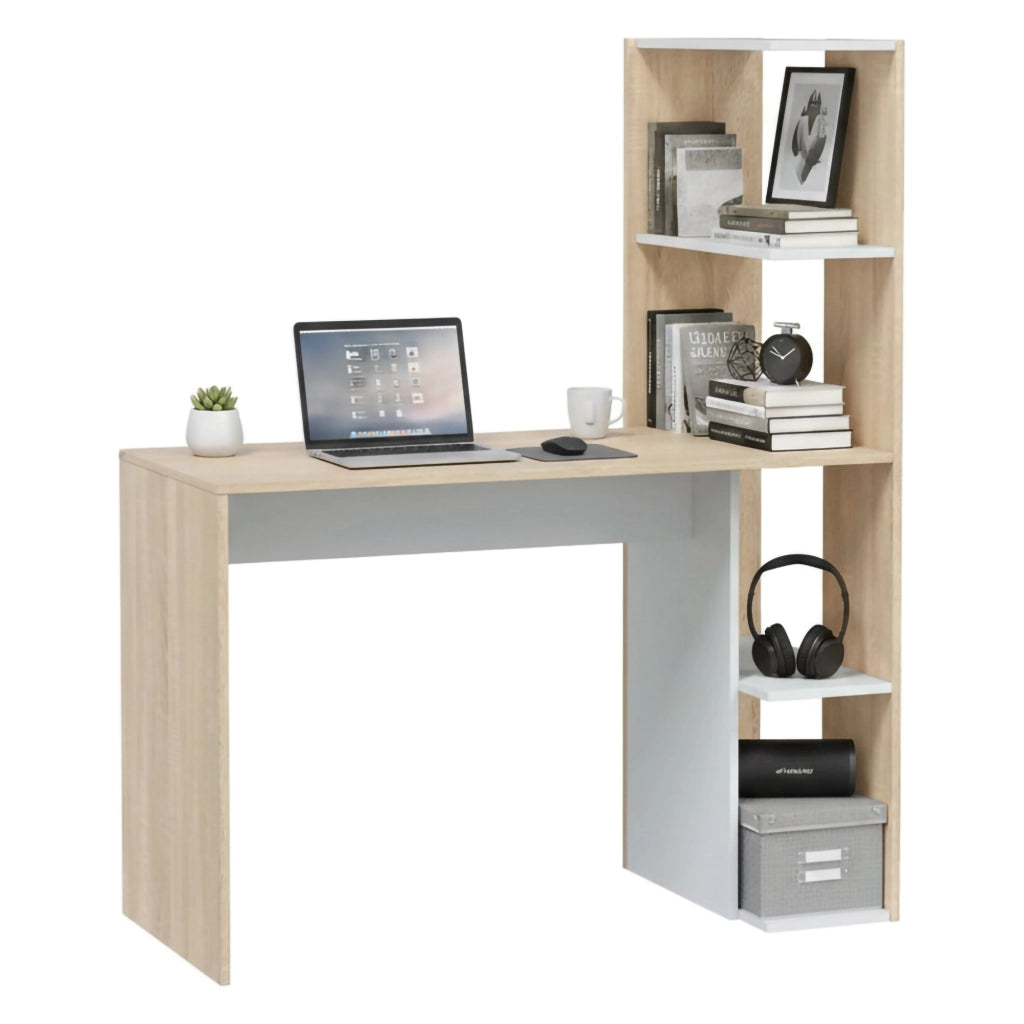 Scrivania Abba, Scrittoio lineare con libreria, Tavolo ufficio multiuso salvaspazio, 110x52h136 cm, Bianco e Rovere
