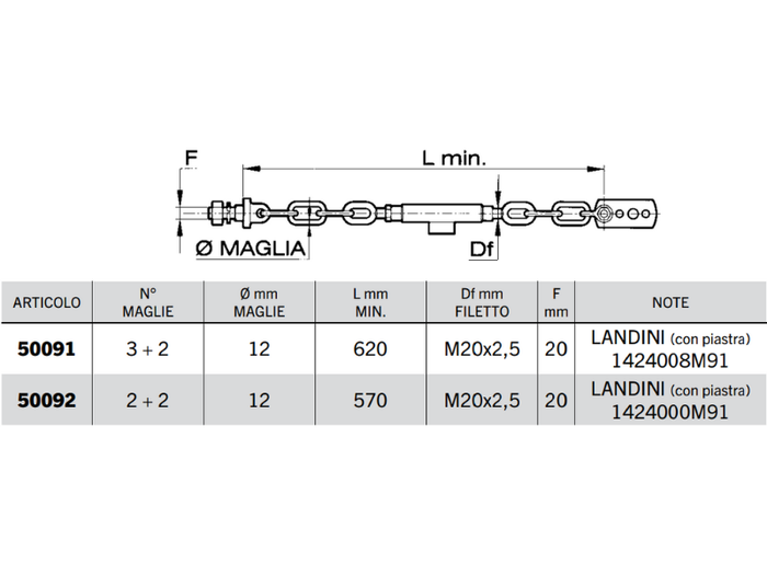 Catena imbrigliamento LANDINI piastra 3+2 o 2+2 maglie 12mm M20x2,5 Lmin 620mm - 50091