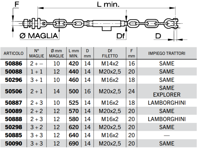 Catena imbrigliamento SAME 2+1, 3+1 maglie A~cedil;10-14mm L420-690mm M14x2-M20x2.5 - 50296