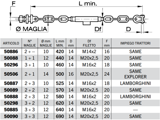Catena imbrigliamento SAME 2+1, 3+1 maglie A~cedil;10-14mm L420-690mm M14x2-M20x2.5 - 50506