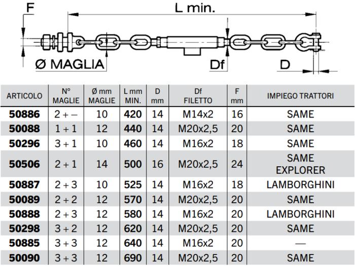 Catena imbrigliamento SAME 2+1, 3+1 maglie A~cedil;10-14mm L420-690mm M14x2-M20x2.5 - 50885