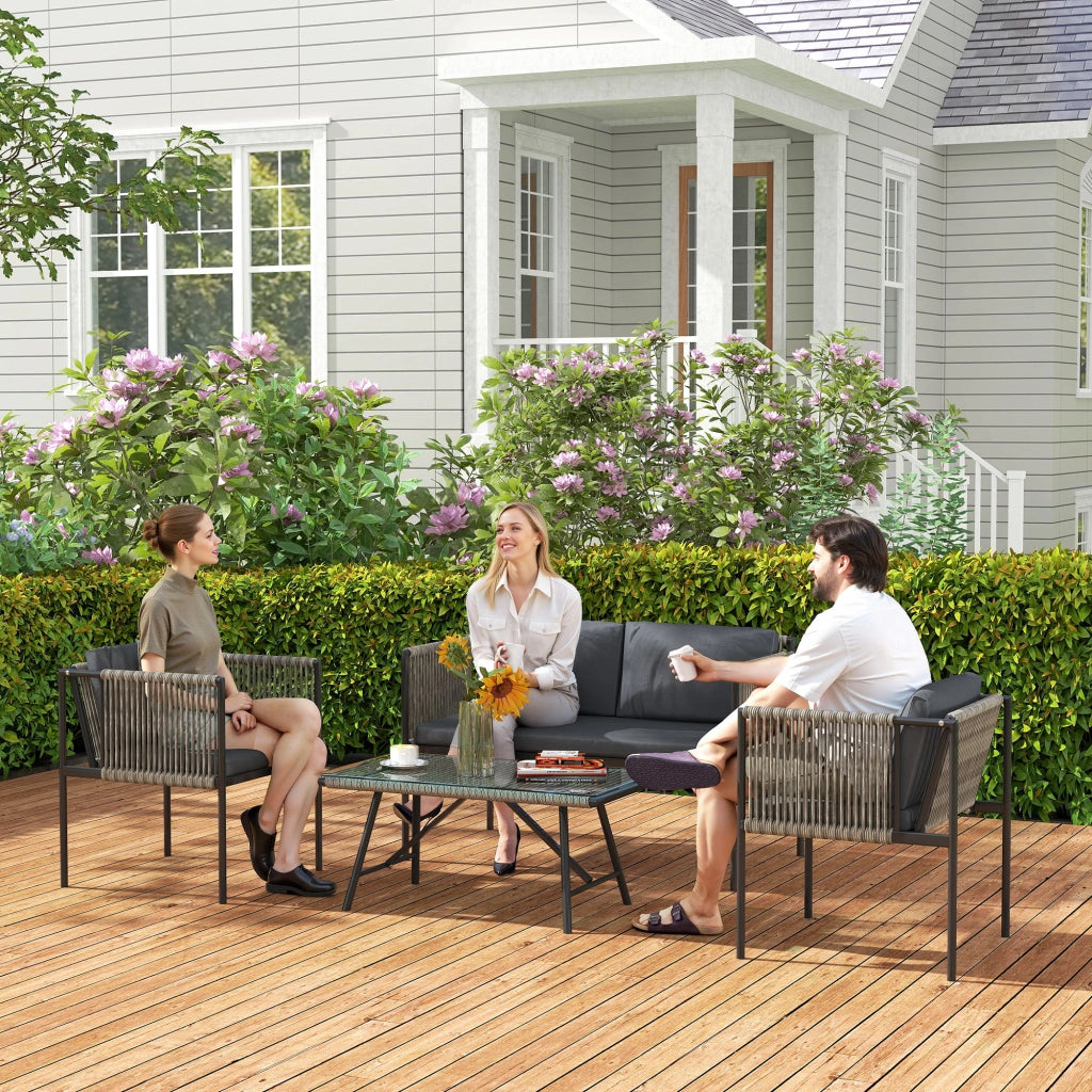 Mobili da giardino a 4 pezzi: Divanooo + 2 poltrone + tavolo di vetro; cuscini; struttura in acciaio; rattan di plastica; grigio