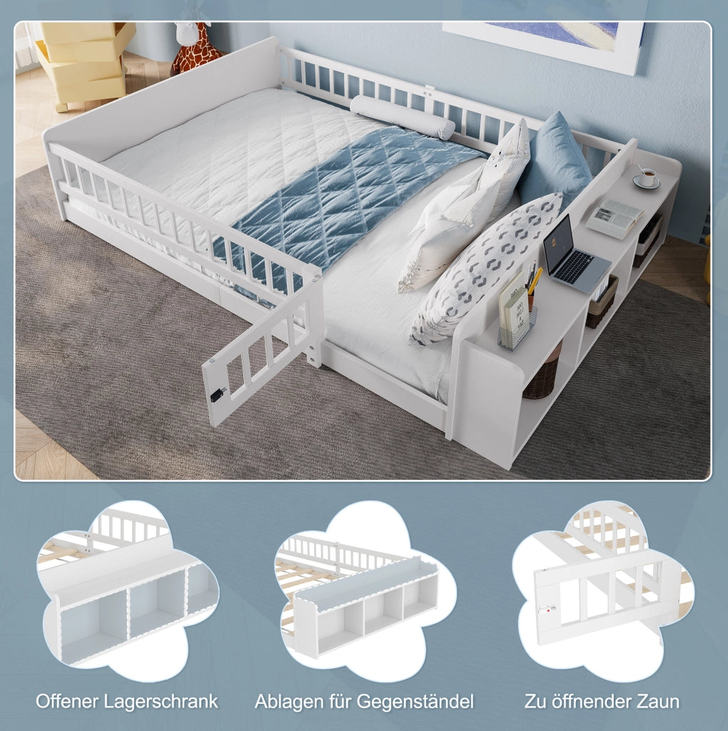LETTO Bambino 140x200 cm Pino Bianco con ripiani e porta apribile