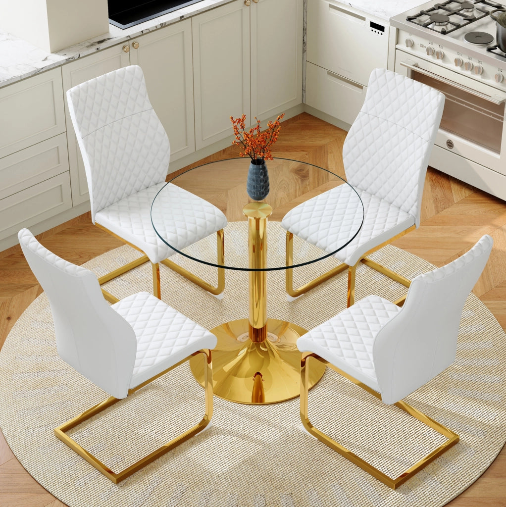 Set da pranzo con tavolo rotondo in vetro e sedie bianche e oro