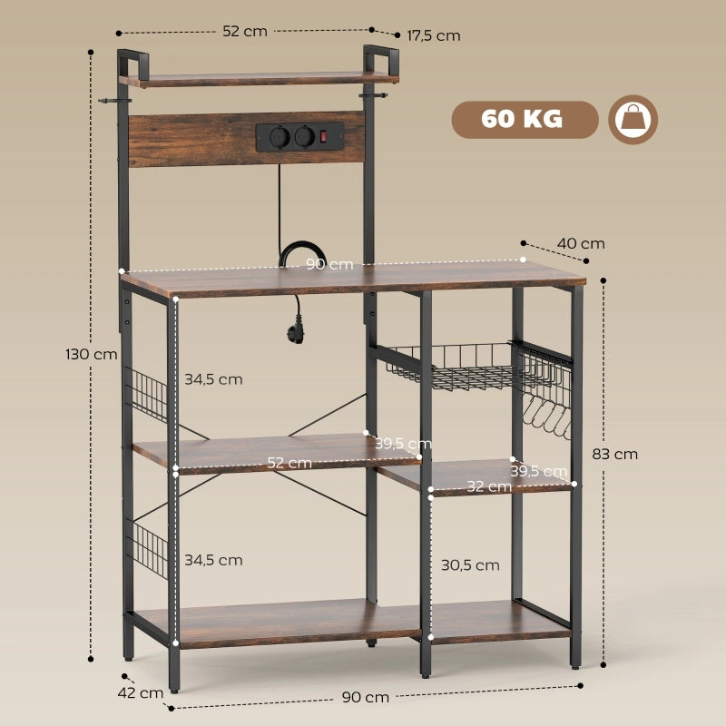 SCAFFALE DA CUCINA CON 2 PRESE 90x42x130 cm Marrone rustico e acciaio