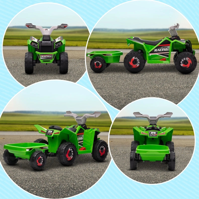 Quad per bambini, ricaricabile, 2,5 km/h, con rimorchio, 50 min. di autonomia, per bambini da 1,5 a 3 anni, verde.