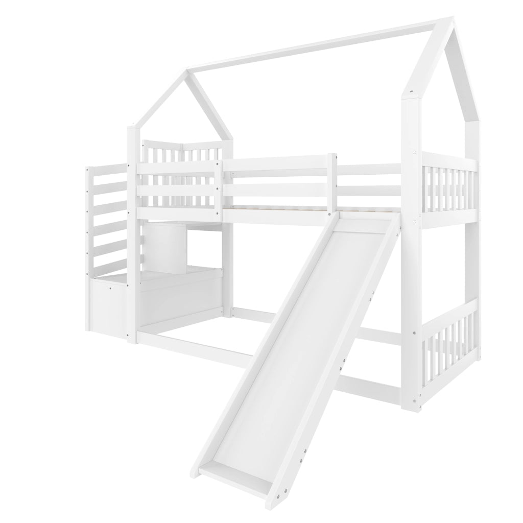 Letto a Soppalco Singolo con Scala Contenitore; Scivolo e Sponda 90×200 cm; senza Materasso; Bianco