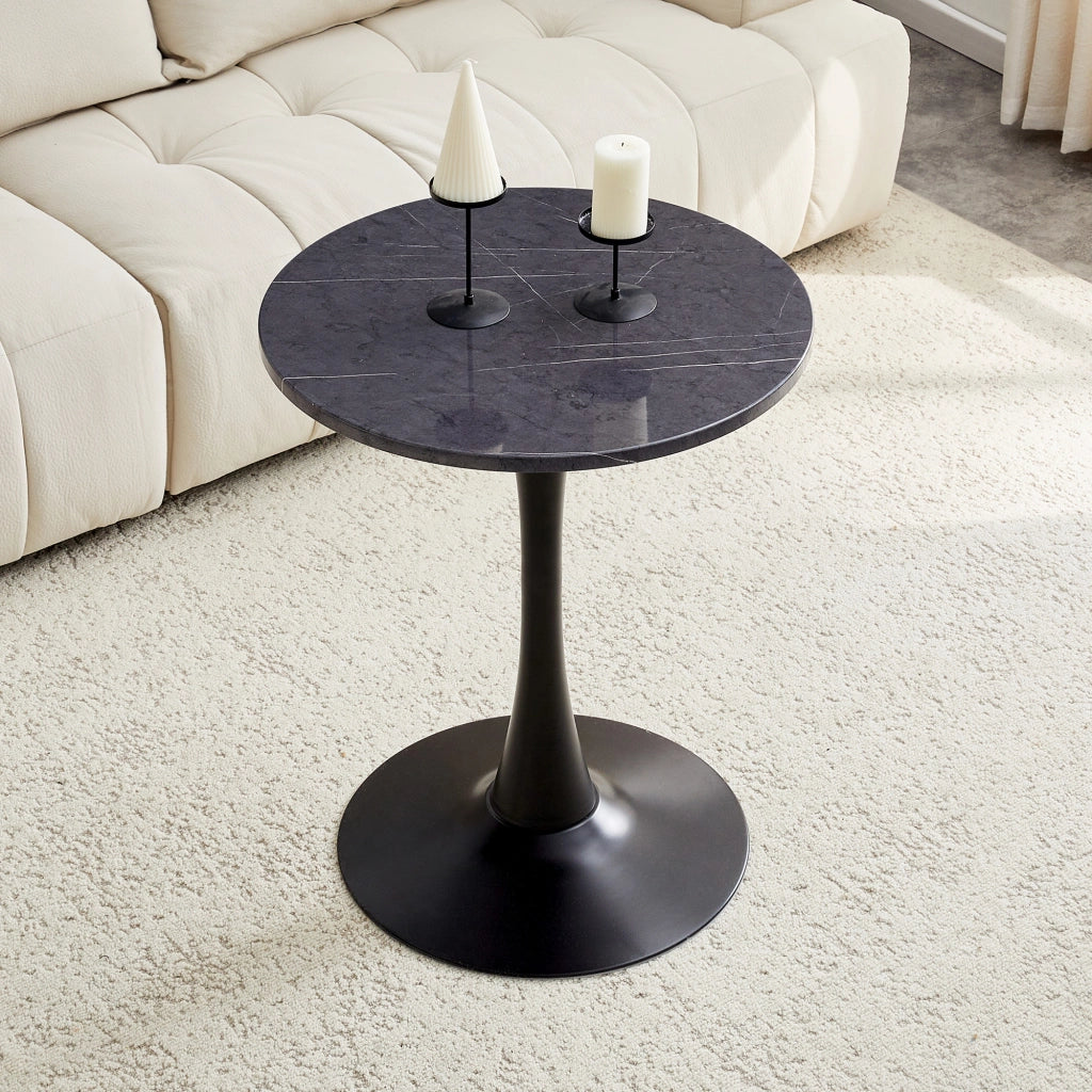 Tavolo da pranzo rotondo con base centrale in MDF effetto marmo nero e piedini antiscivolo diametro 60 cm