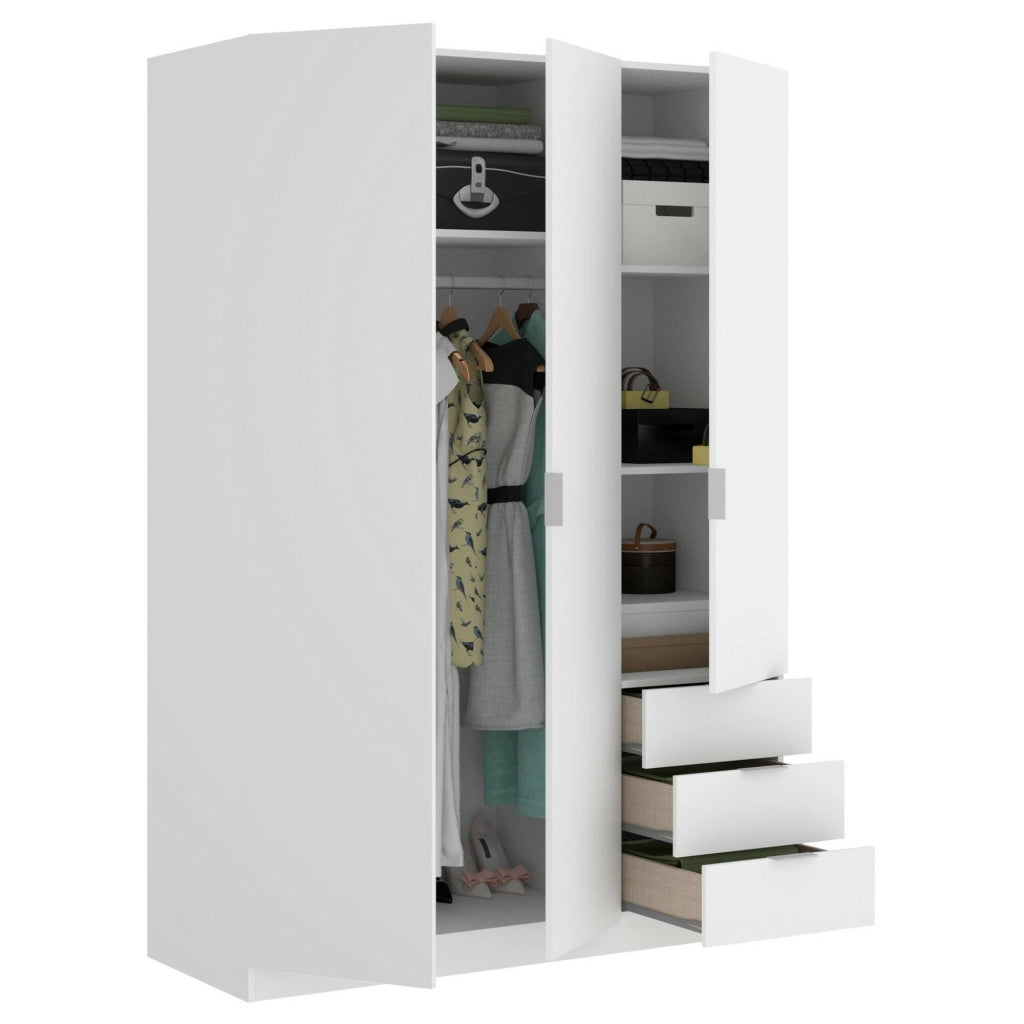 Guardaroba Astru, Mobile appendiabiti per camera da letto, Armadio a 3 ante battenti e 3 cassetti, 121x52h184 cm, Bianco