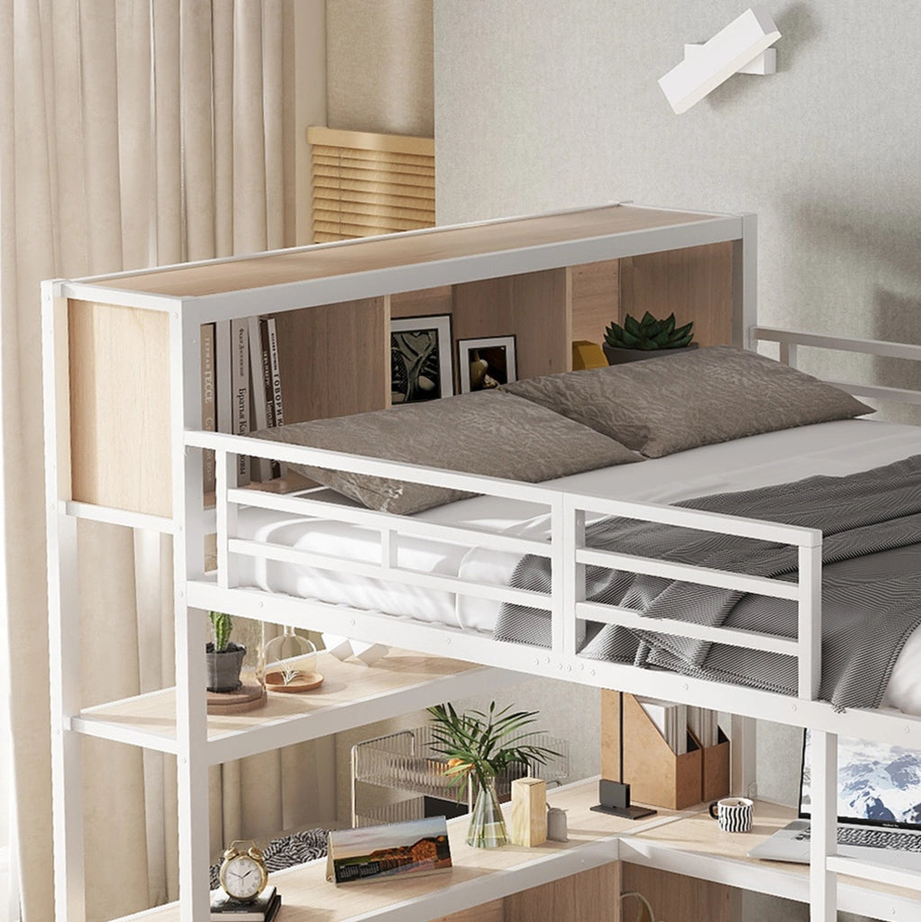 Letto a soppalco in metallo con scrivania, armadio e spazio contenitivo 140x200 cm