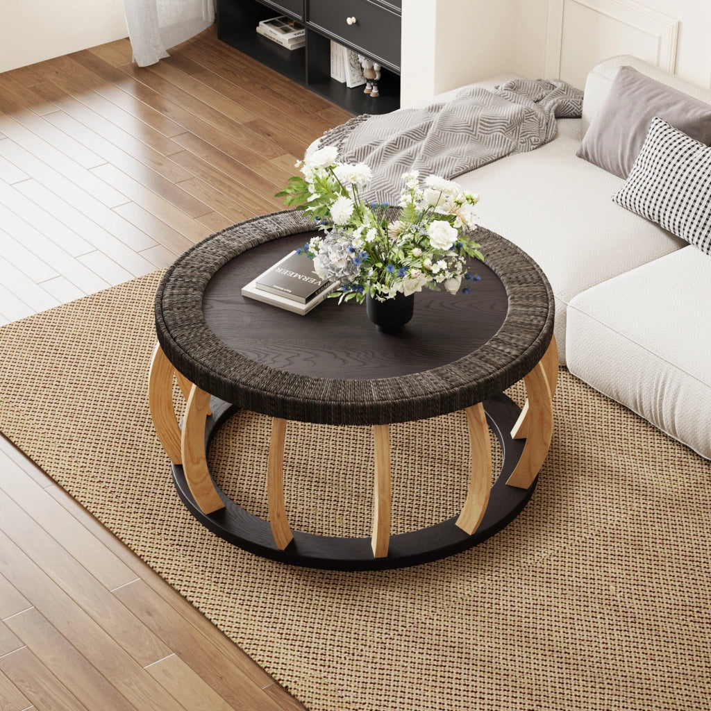 TAVOLO DA CAFFÈ ROTONDO 90x90x43 cm Nero Marrone in Legno Massello e MDF